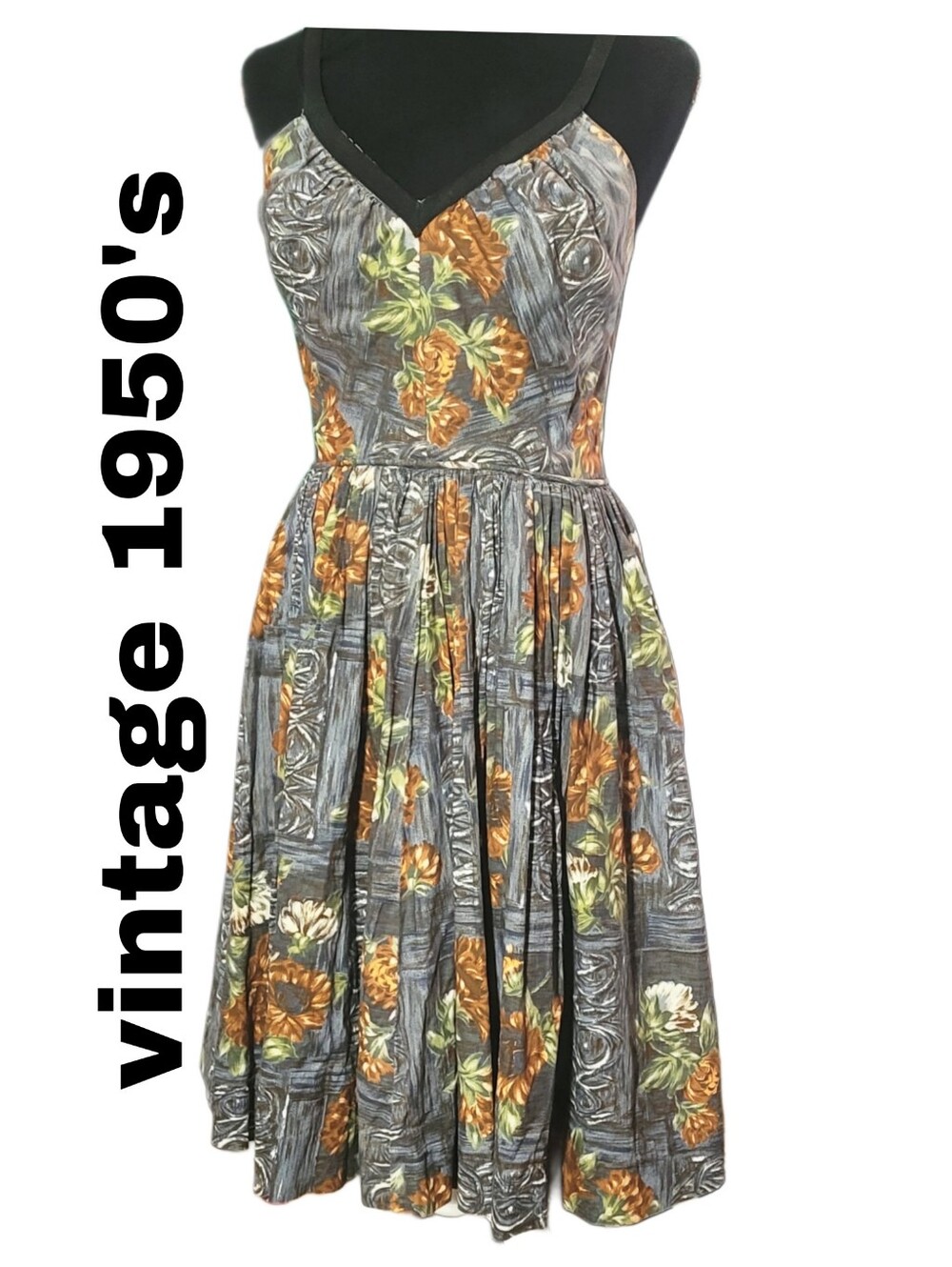 Vintage 1950s Handmade Floral Midi Dress in Blue and Brown